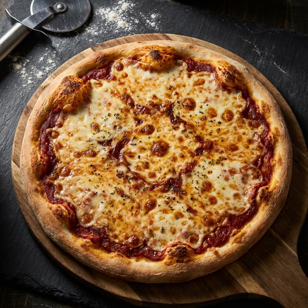 Fresh cheese pizza ready for your toppings